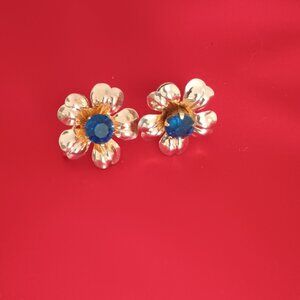 Van Dell 12K G.F. Flower Earrings Vintage 1950's with Blue Rhinestone Screw Back